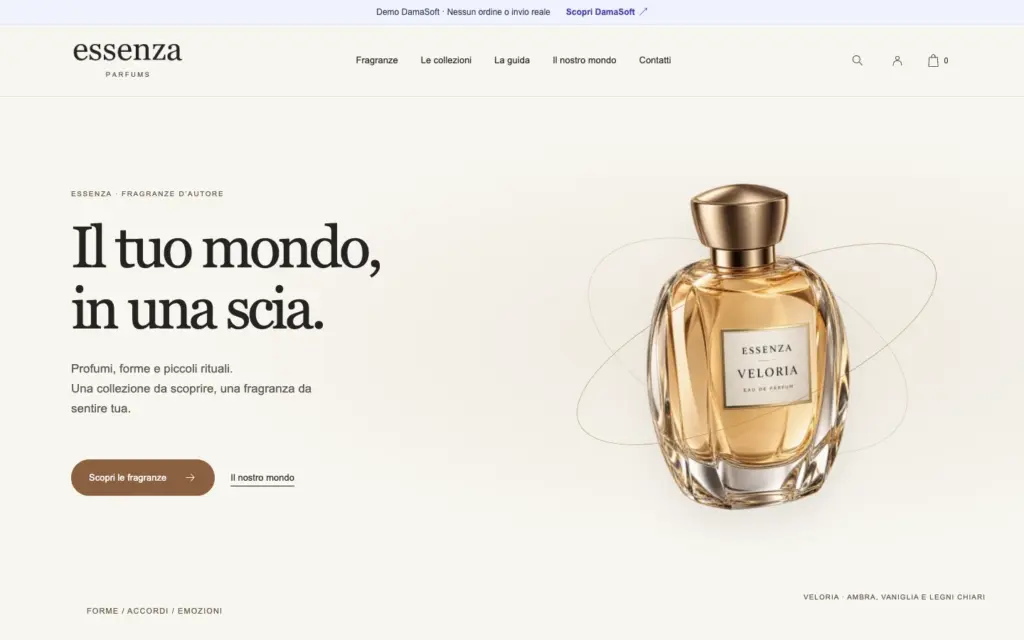 Home Essenza con flacone Veloria e invito a esplorare le fragranze