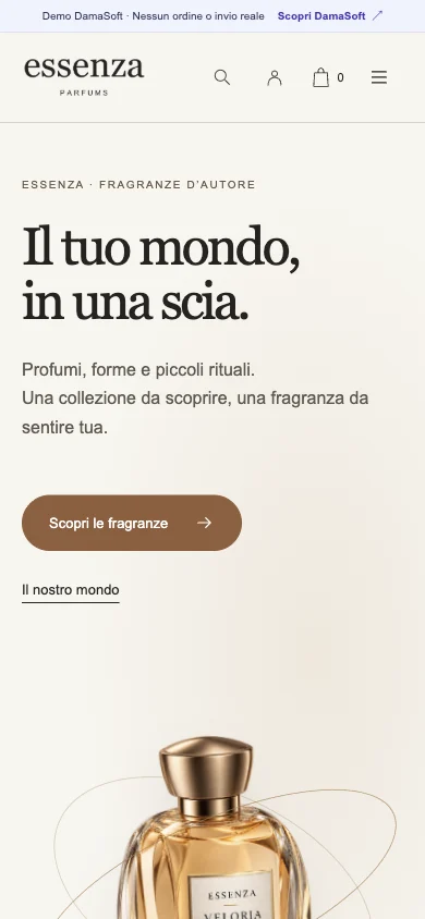 Home Essenza su telefono con logo, comandi del negozio e flacone