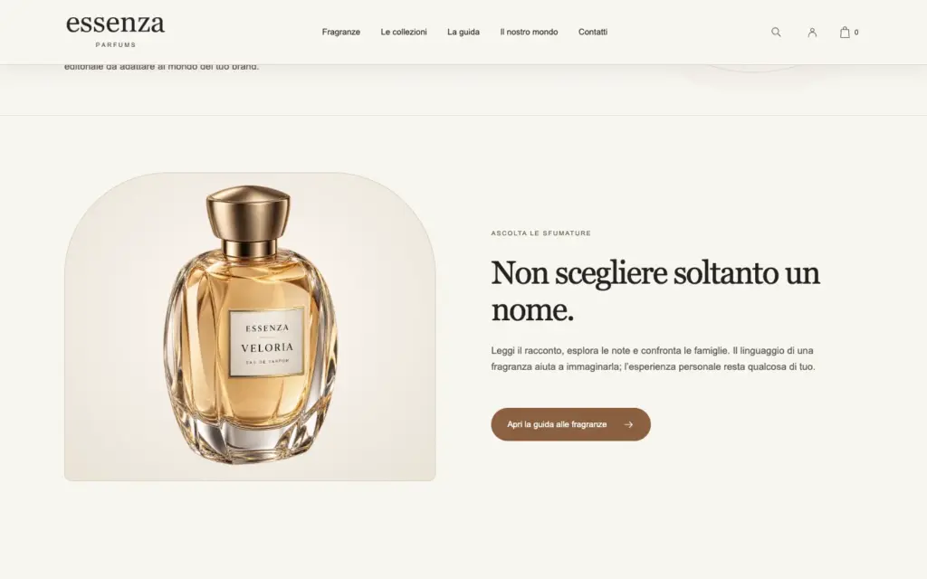 Pagina Piccoli rituali di Essenza con consigli dimostrativi e collegamenti alle fragranze