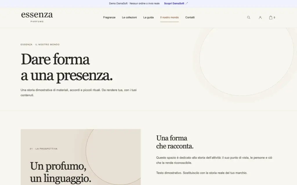 Pagina Il nostro mondo di Essenza con racconto editoriale e immagini