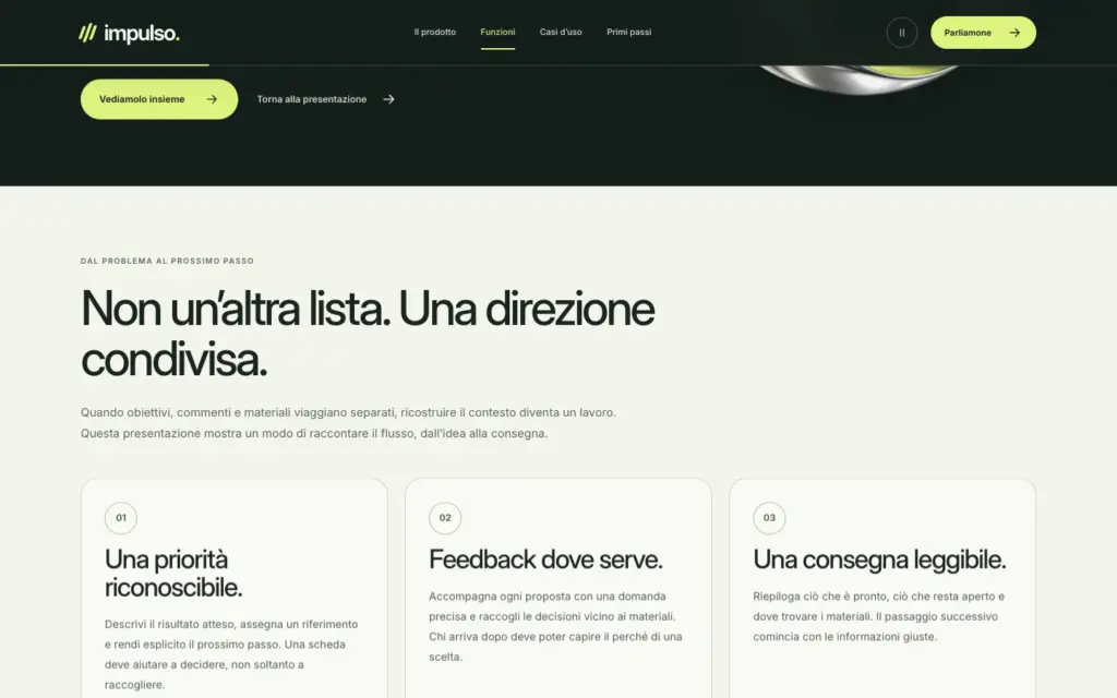 Pagina Funzioni di Impulso con pannelli e testi del prodotto dimostrativo