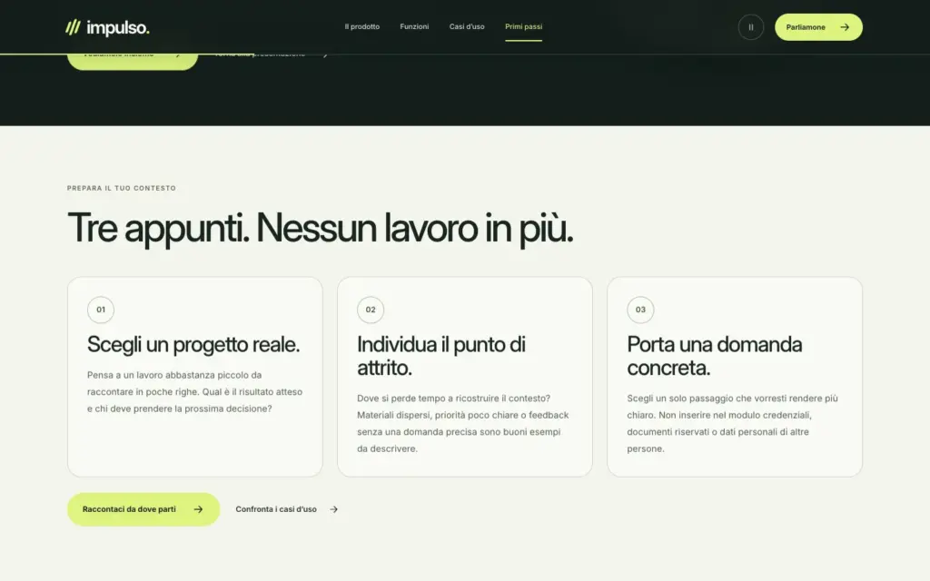 Pagina Primi passi di Impulso con tre domande per preparare il contatto