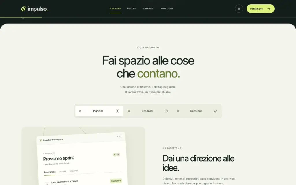 Sezione prodotto Impulso con schede Pianifica, Condividi e Consegna