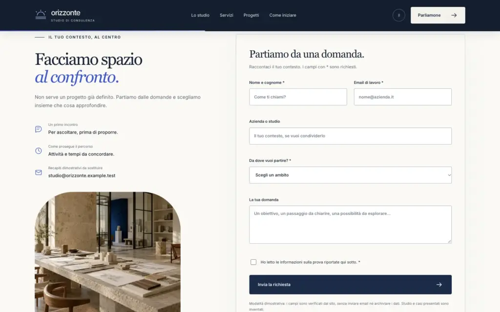 Modulo Contatti Orizzonte con campi e scelta dell’ambito della richiesta