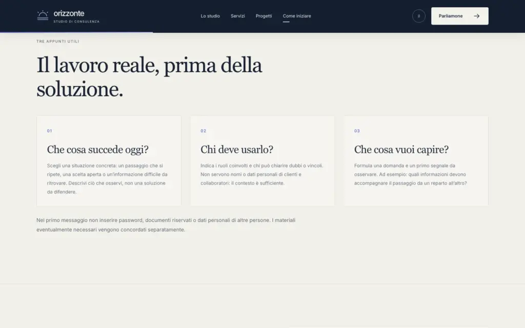 Pagina Prima del confronto di Orizzonte con preparazione, domande e prossimo passo