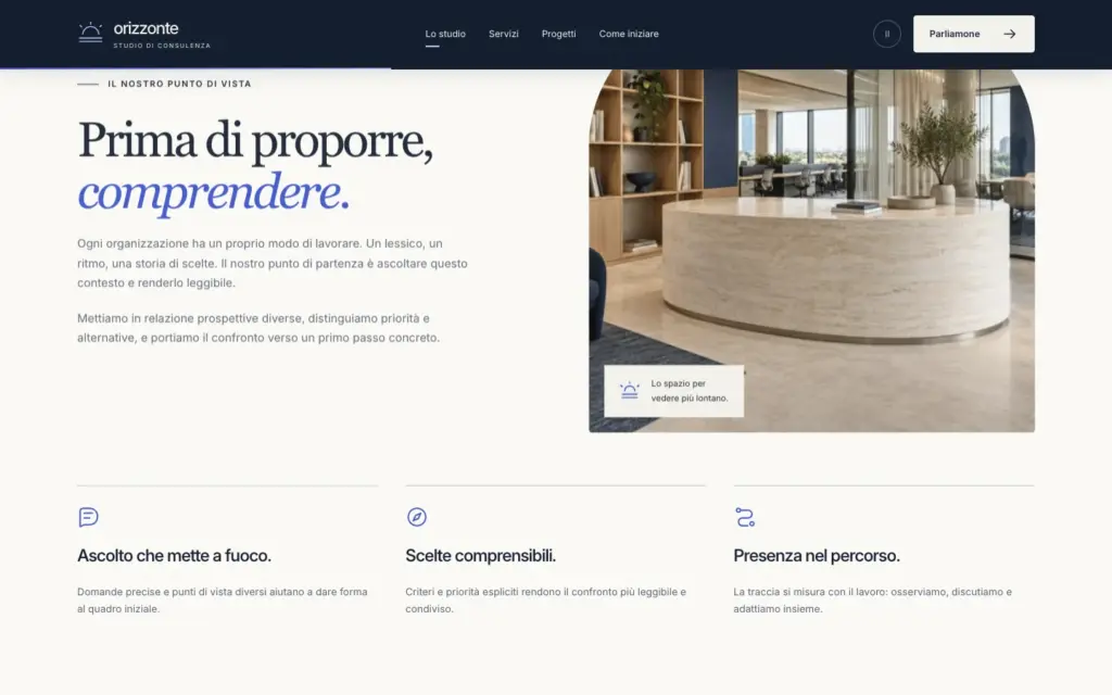 Pagina Lo studio di Orizzonte con immagini, approccio e presentazione