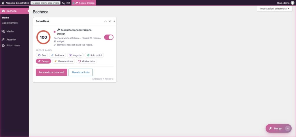Preset Design di FocusDesk: menu Media e Aspetto per curare il sito