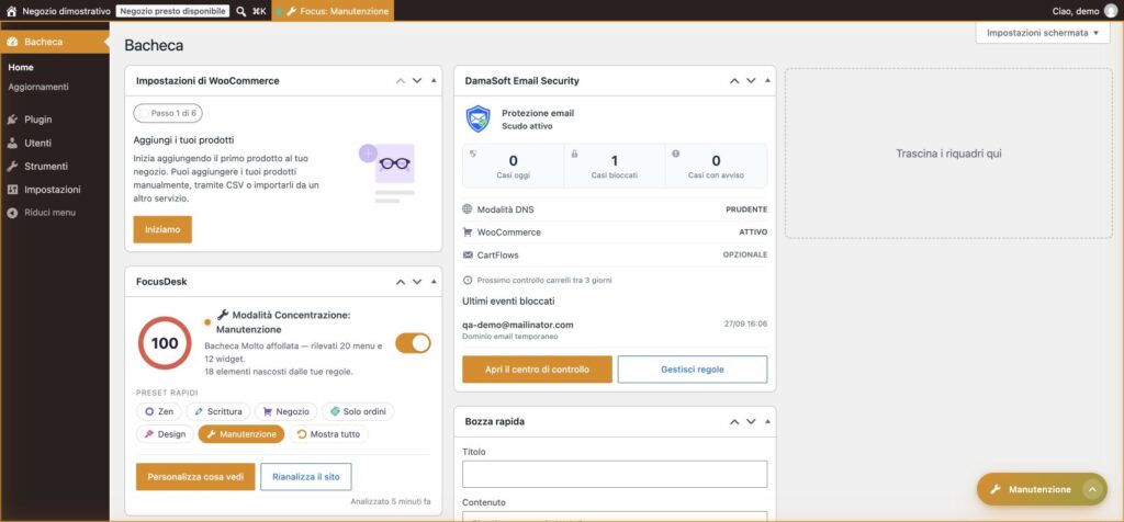Preset Manutenzione di FocusDesk: Plugin, Utenti, Strumenti e Impostazioni nel menu