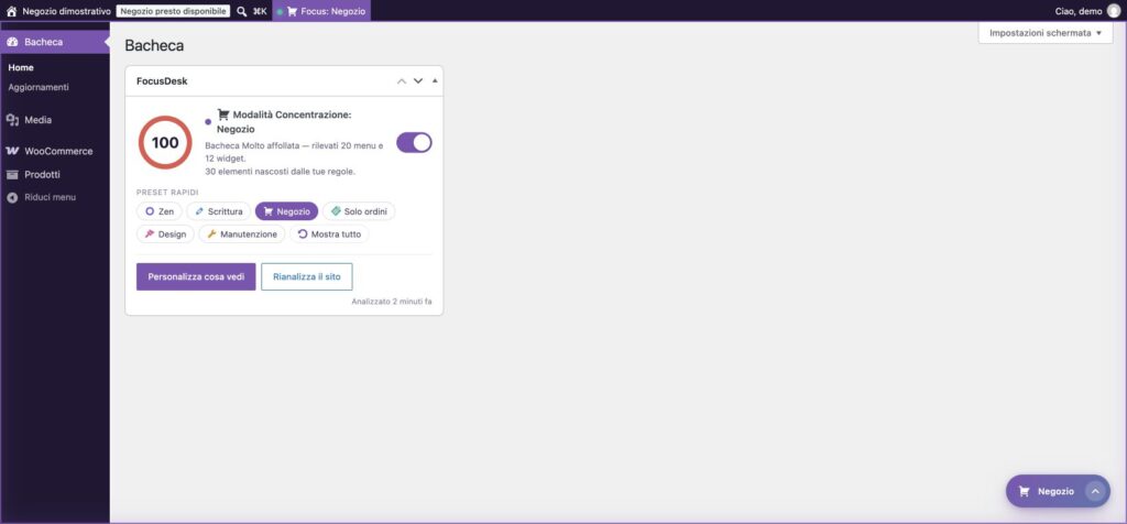 Preset Negozio di FocusDesk: menu Media, WooCommerce e Prodotti in primo piano
