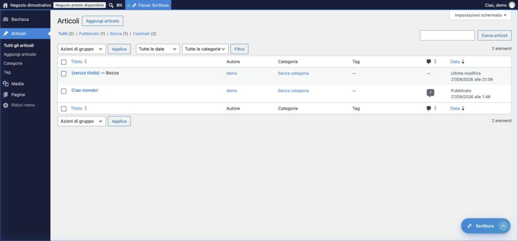 Preset Scrittura di FocusDesk: Articoli, Media e Pagine nel menu del WordPress demo