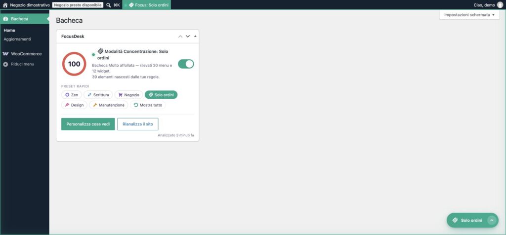 Preset Solo ordini di FocusDesk: bacheca e WooCommerce con le altre voci nascoste