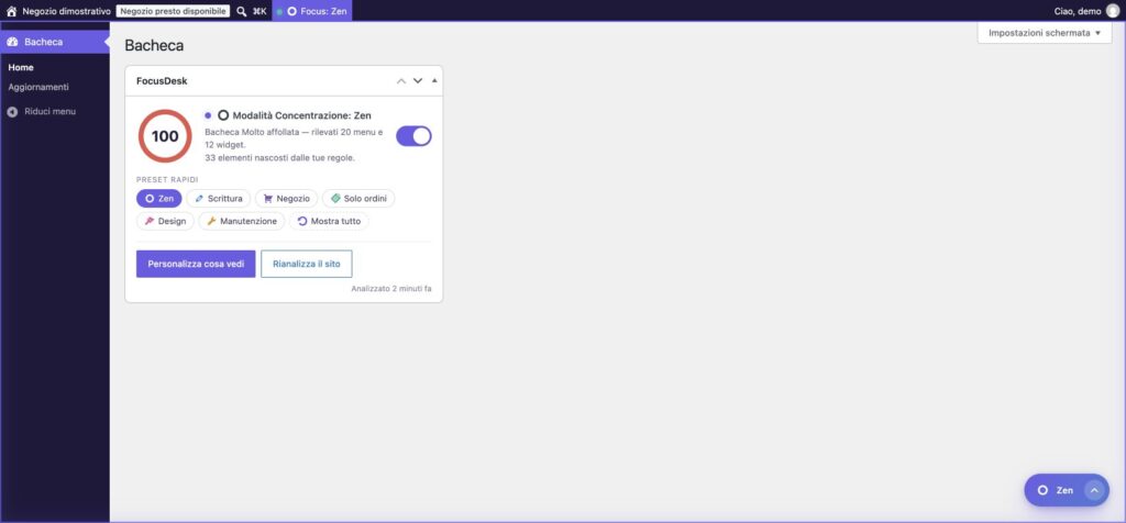 Preset Zen di FocusDesk: bacheca essenziale con il solo menu necessario