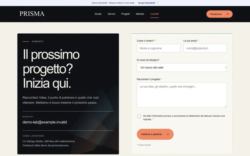 Pagina Contatti Prisma con testo introduttivo e modulo vuoto