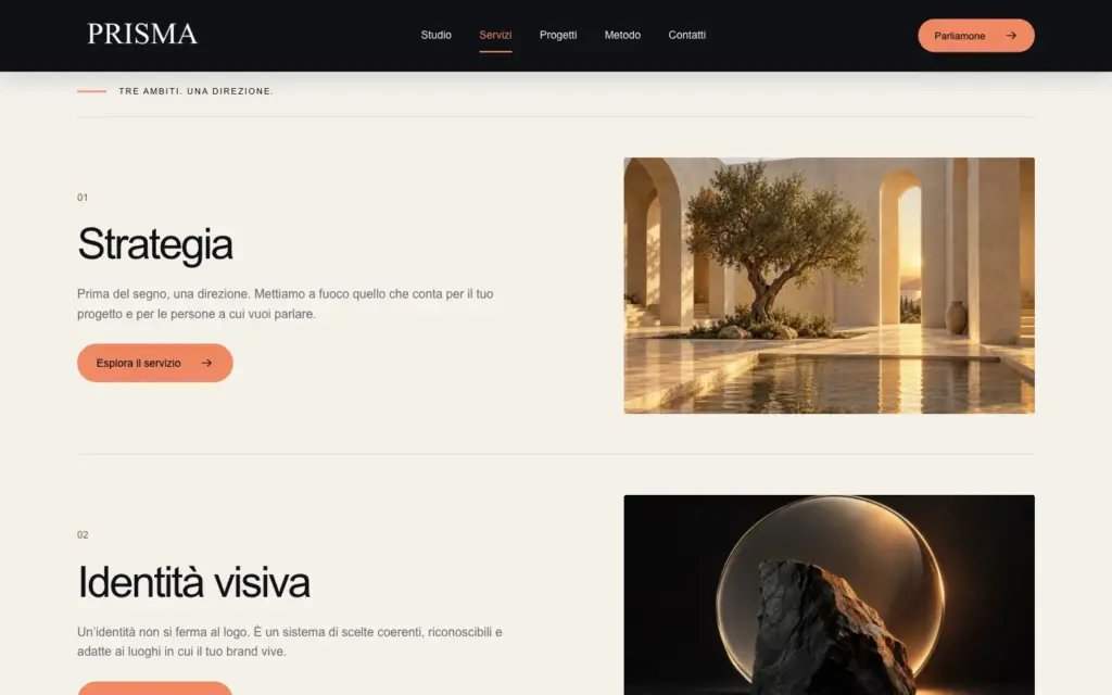 Pagina Servizi Prisma con Strategia, immagine editoriale e collegamento al servizio