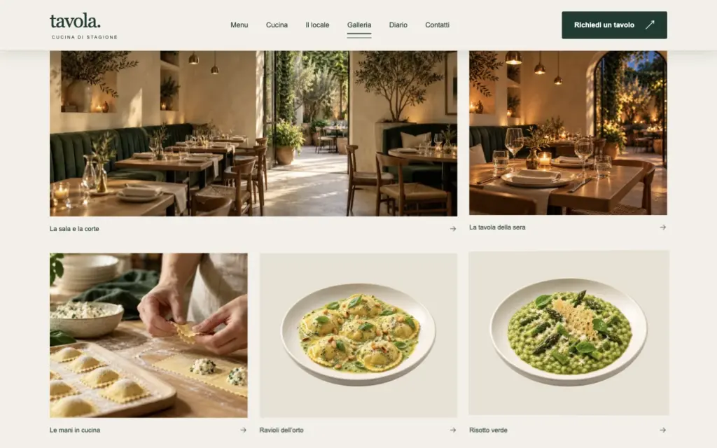 Galleria Tavola con fotografie del ristorante dimostrativo e della cucina