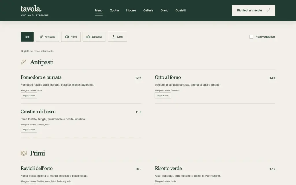 Menu Tavola con categorie, piatti dimostrativi e indicazioni alimentari