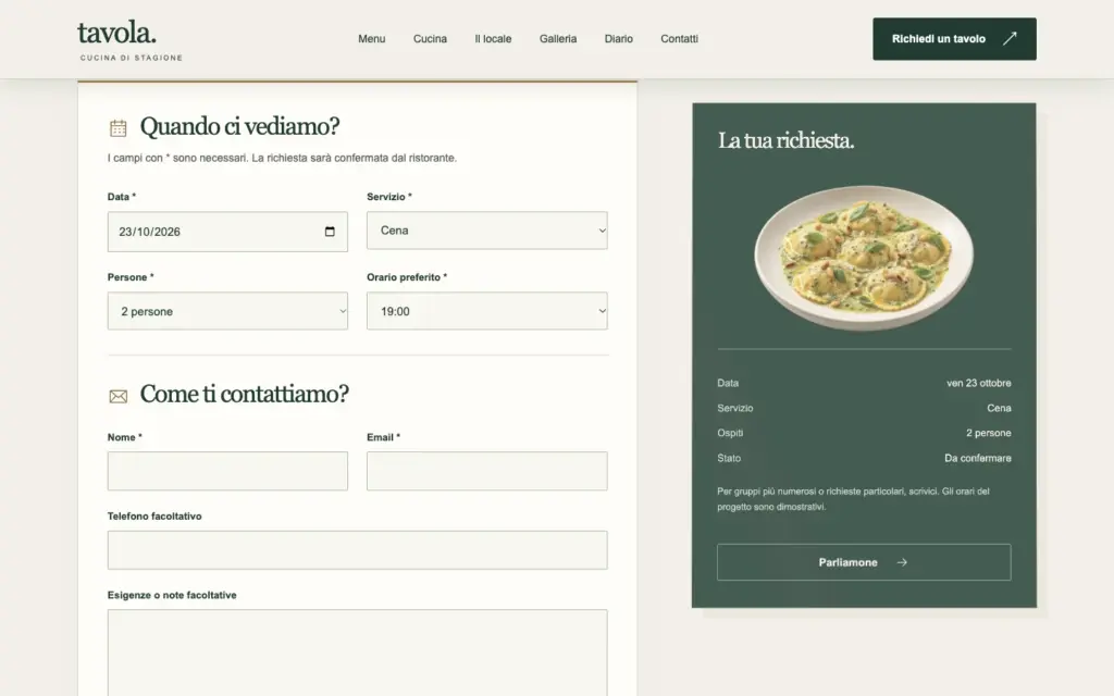 Modulo Tavola con campi per giorno, orario e ospiti