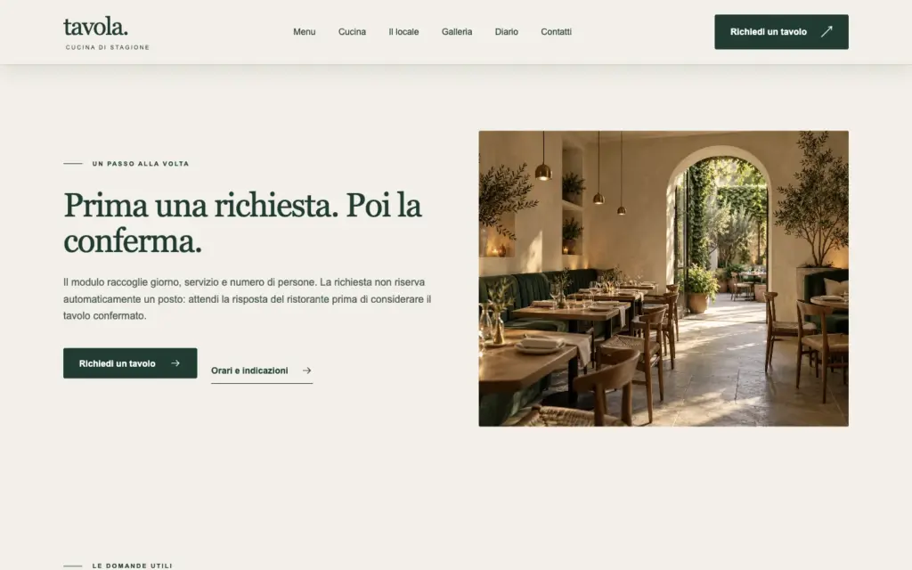 Pagina Prima di venire di Tavola: prima la richiesta, poi la conferma del ristorante